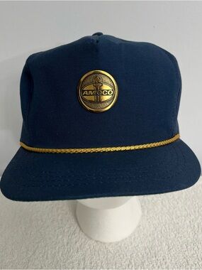 Vintage BTS Amoco Oil Blue Trucker Cap Hat Rope Adjustable Metal Logo USA
